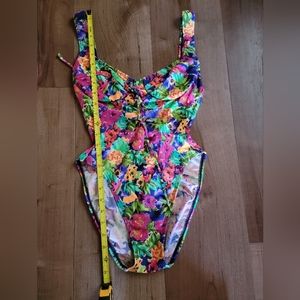 Vintage Baja Blue 90s Floral Neon One Piece Swimsuit